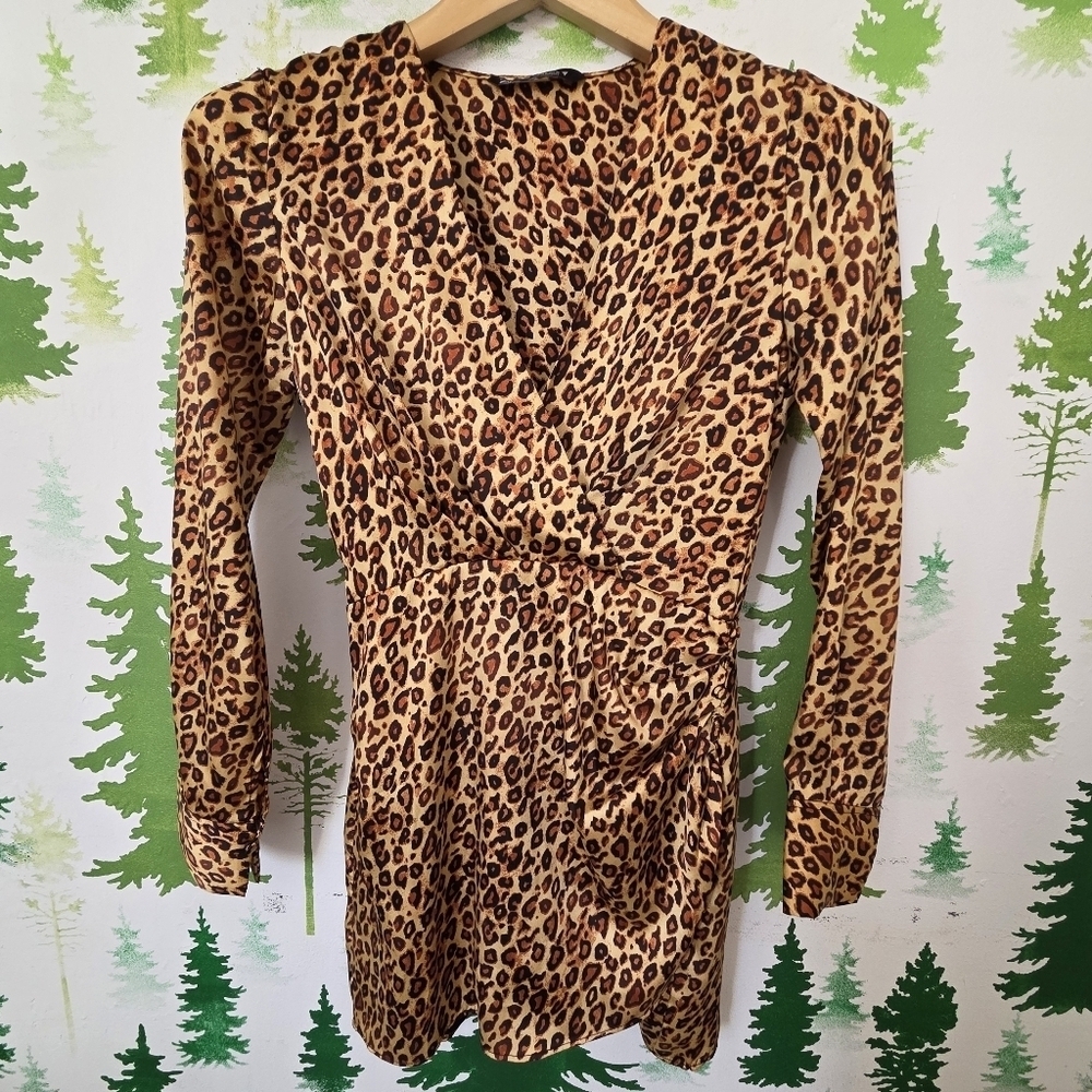 Zara Leopard Print Long Sleeve Faux Wrap Mini Dress
